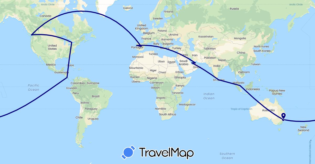 TravelMap itinerary: driving in United Arab Emirates, Australia, Canada, Costa Rica, Spain, Sri Lanka, Portugal, Qatar, Singapore (Asia, Europe, North America, Oceania)